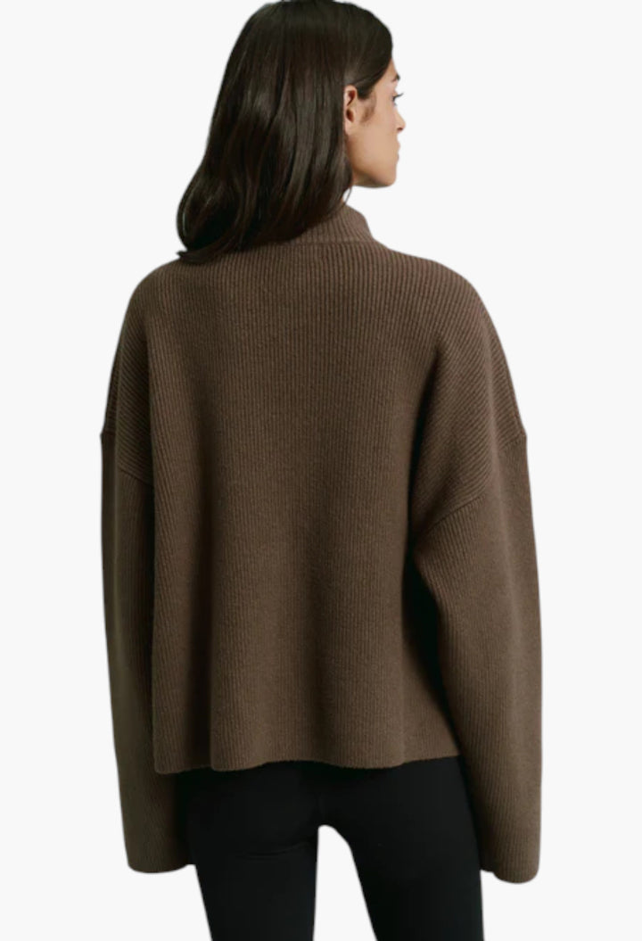Ribbed Zip Through Knit Sweatshirt - Dark Cocoa Brown - GLAM MODA
