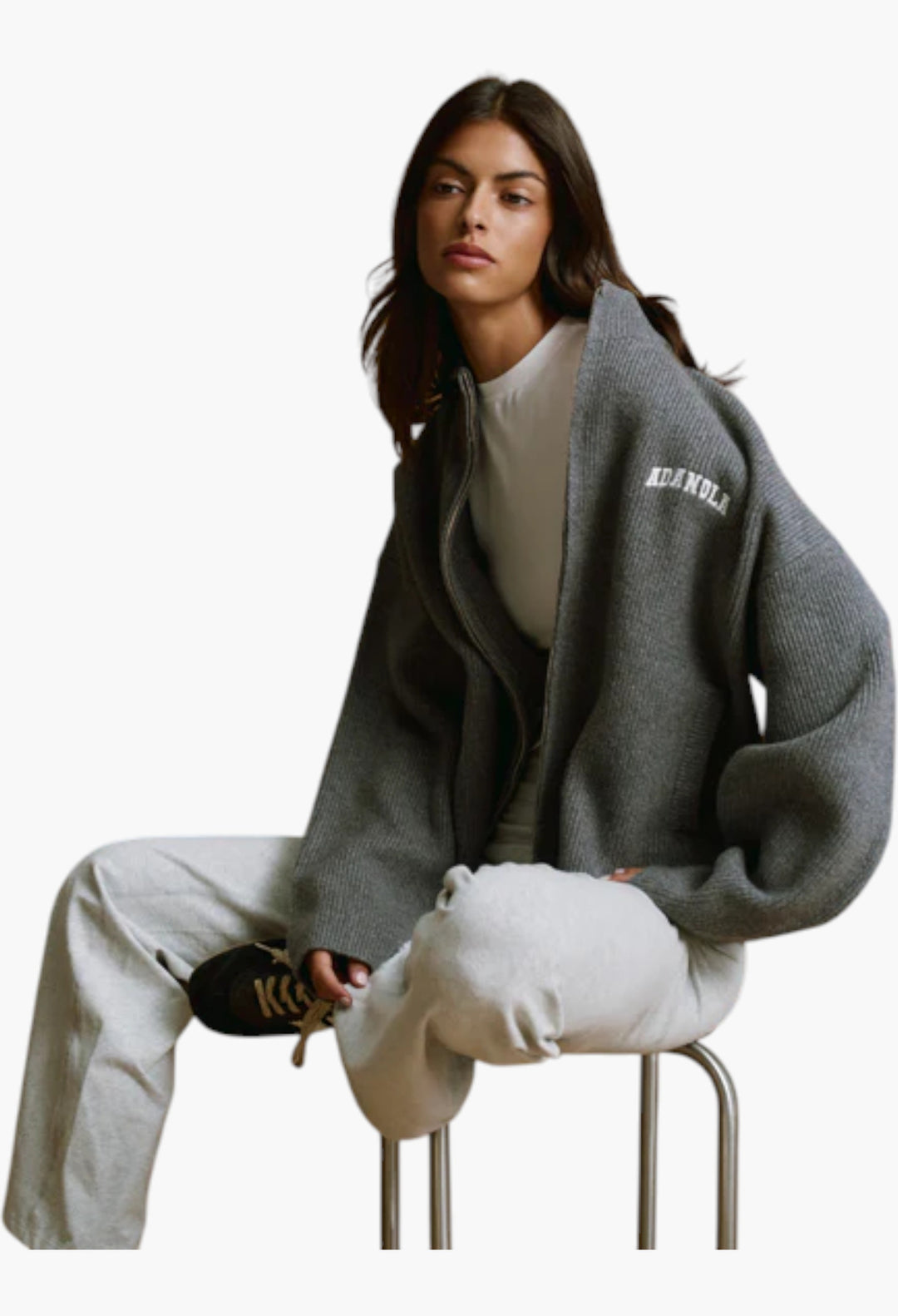 Ribbed Zip Through Knit Sweatshirt - Dark Grey Melange/Marshmallow White - GLAM MODA