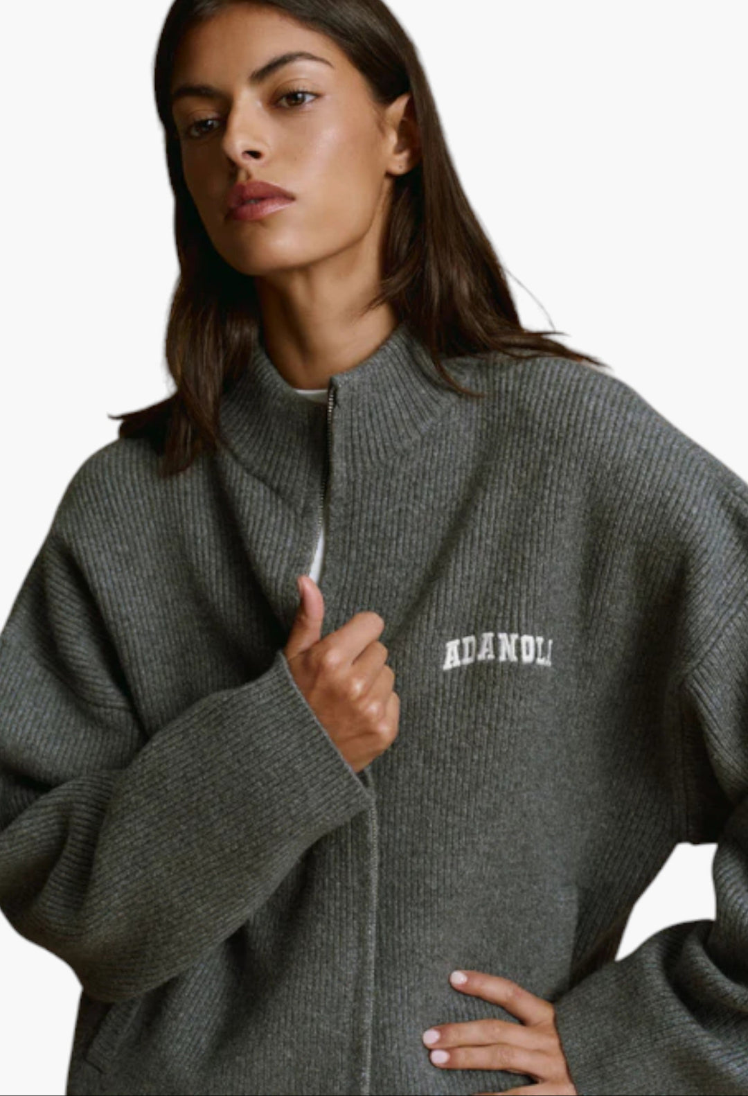 Ribbed Zip Through Knit Sweatshirt - Dark Grey Melange/Marshmallow White - GLAM MODA