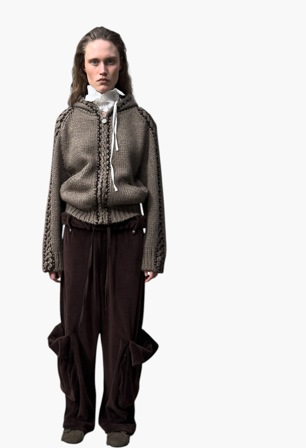 Rolled Waist Velour Cargo Pants, Brown - GLAM MODA