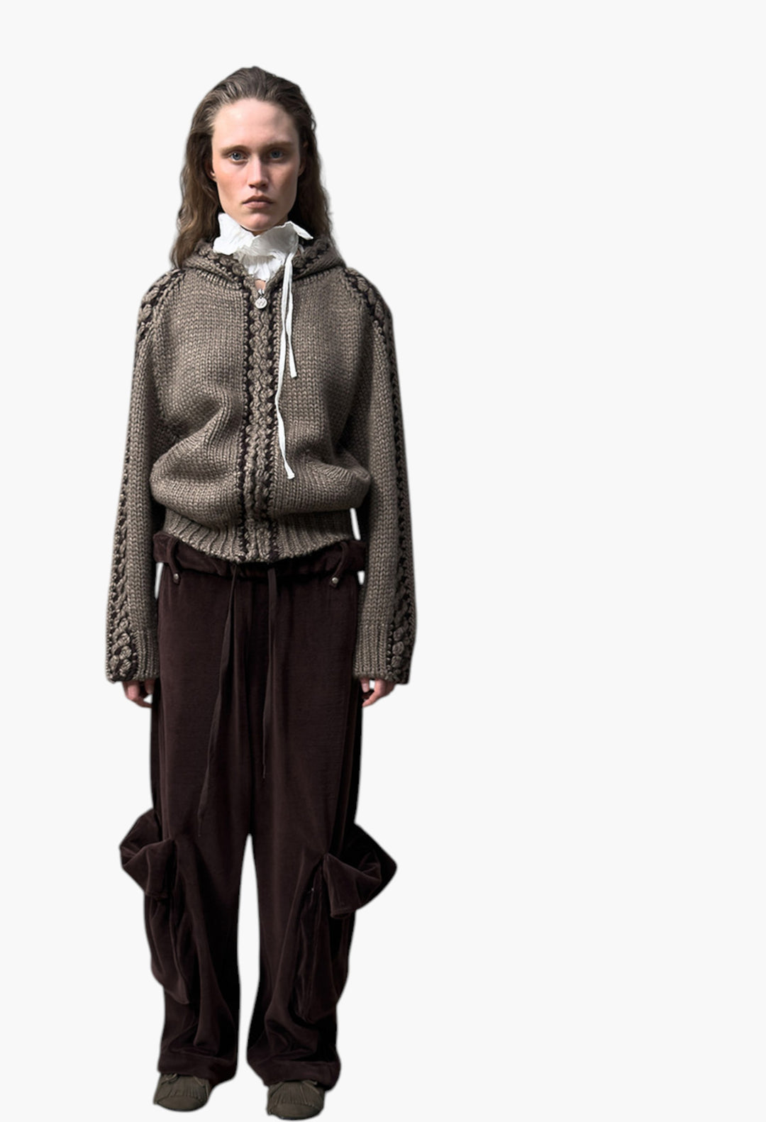 Rolled Waist Velour Cargo Pants, Brown - GLAM MODA