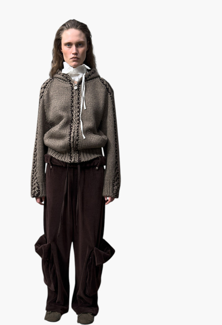 Rolled Waist Velour Cargo Pants, Brown - GLAM MODA