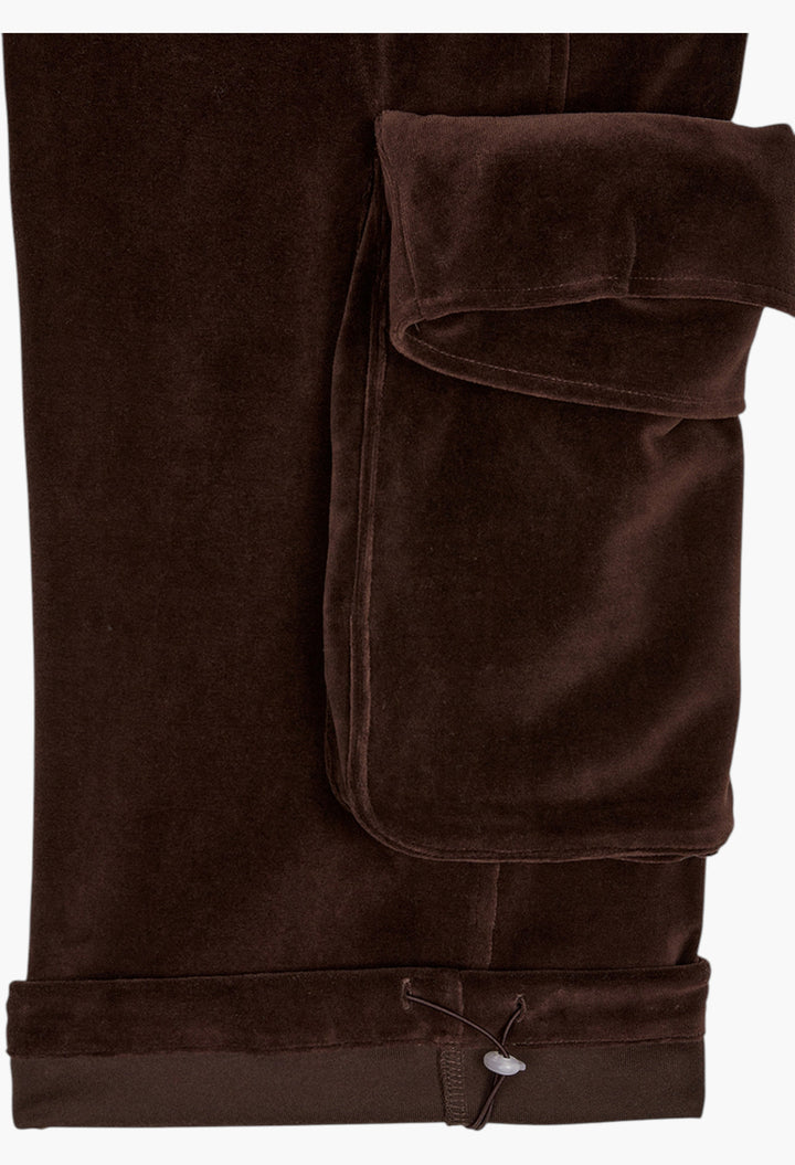Rolled Waist Velour Cargo Pants, Brown - GLAM MODA