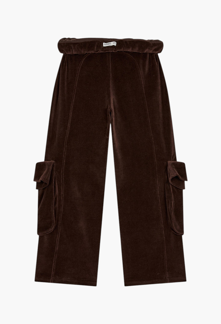 Rolled Waist Velour Cargo Pants, Brown - GLAM MODA