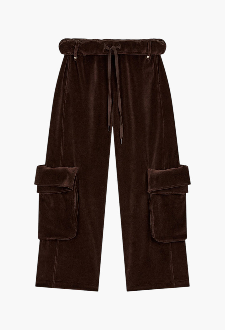 Rolled Waist Velour Cargo Pants, Brown - GLAM MODA