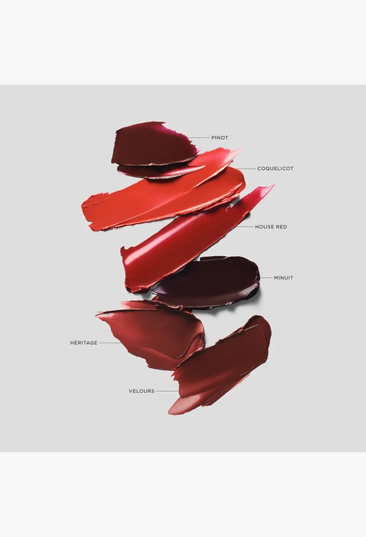 GLAM MODA Rouge Victoria lipstick collection showing six distinct red and berry demi-matte pigment swatches