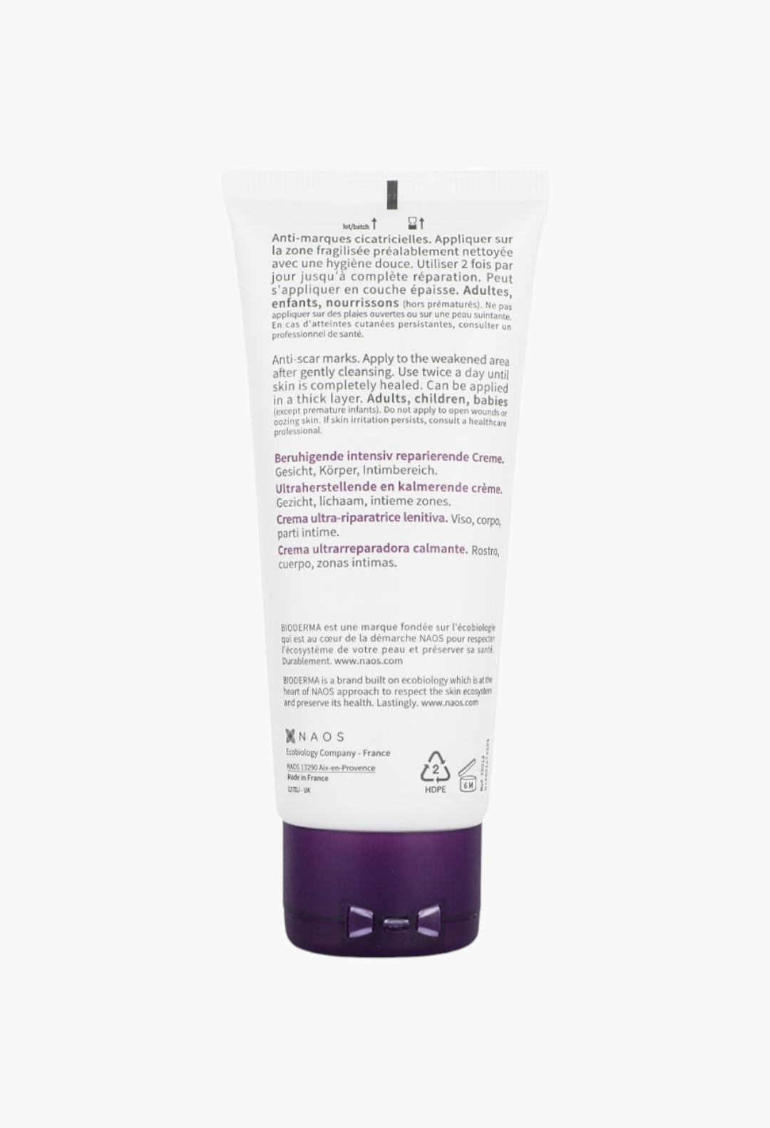 Back of GLAM MODA Cicabio Crème+ ultra-repairing soothing cream tube with multi-language usage instructions