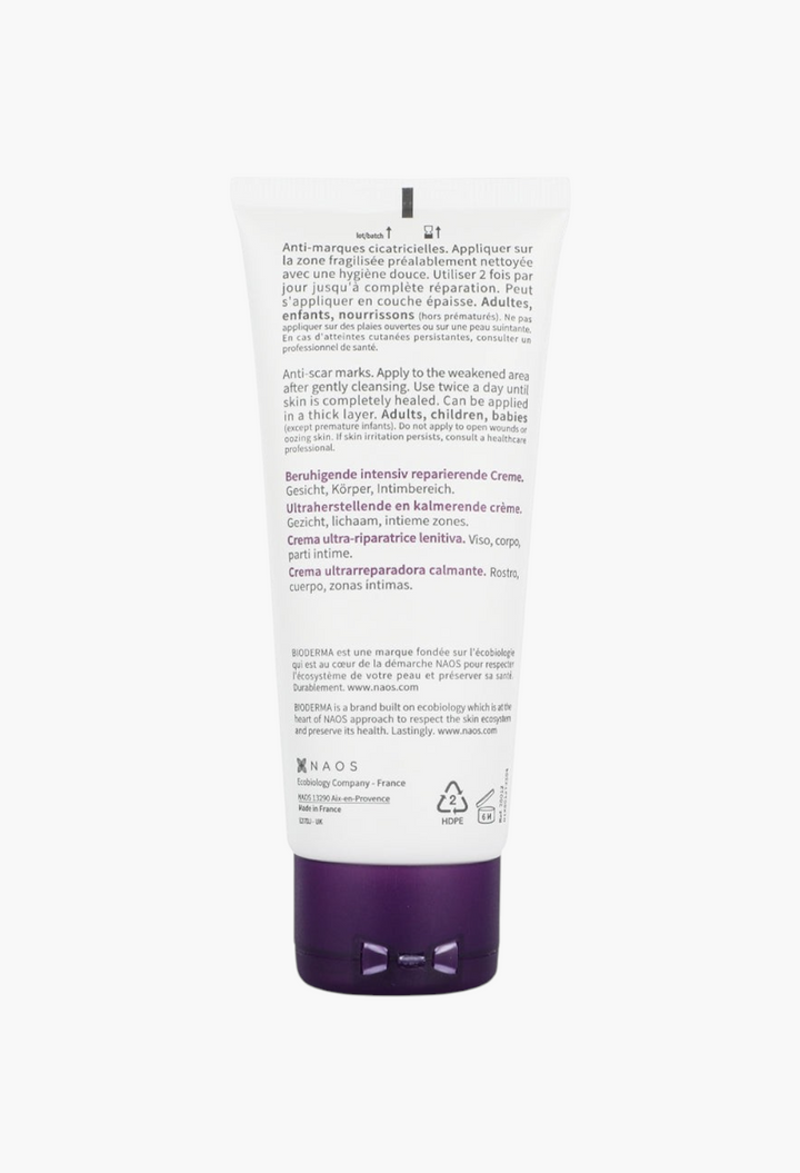 Back of GLAM MODA Cicabio Crème+ ultra-repairing soothing cream tube with multi-language usage instructions