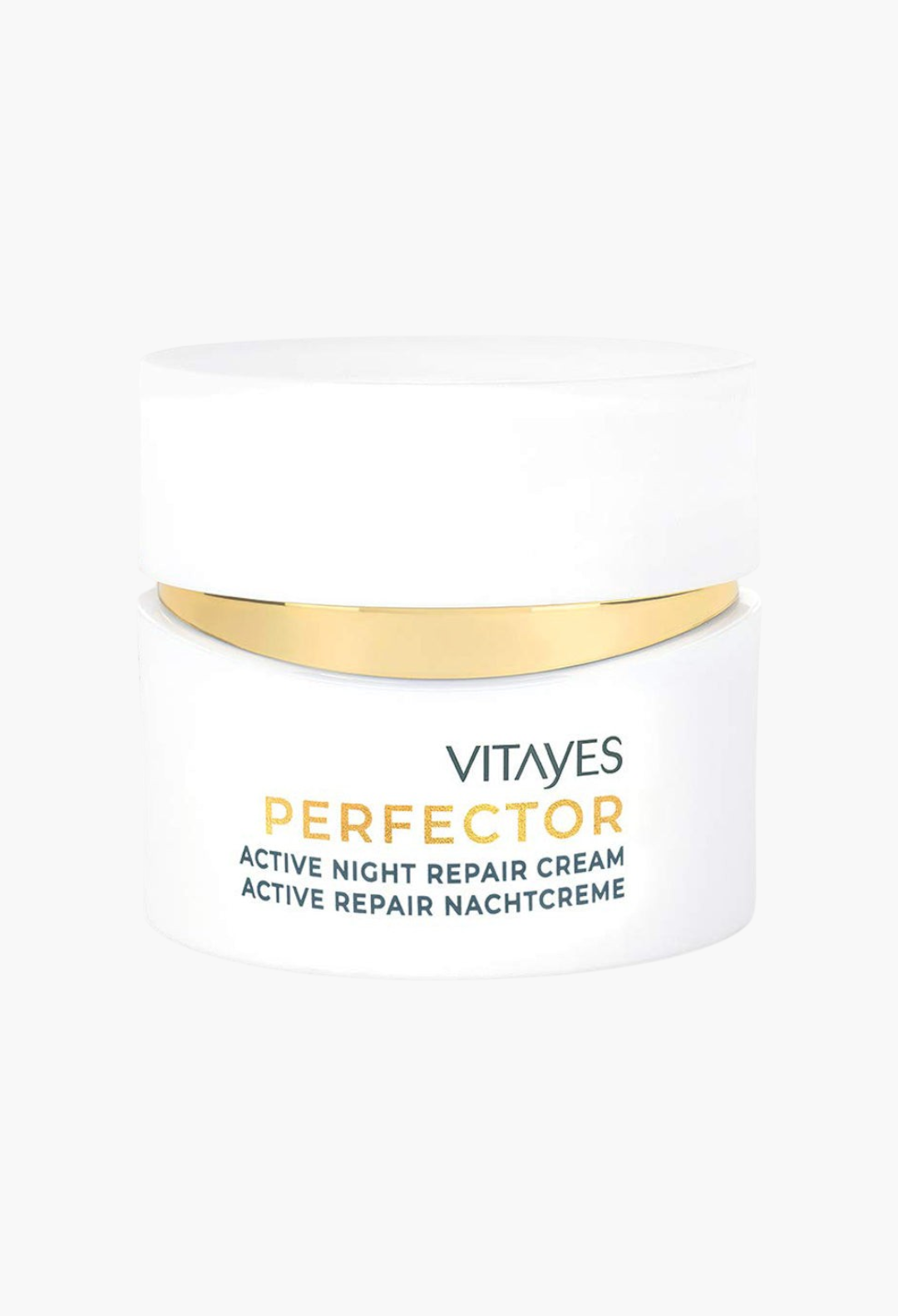 GLAM MODA Vitayes Perfector anti-aging night cream in a white jar with gold accents for skin rejuvenation.