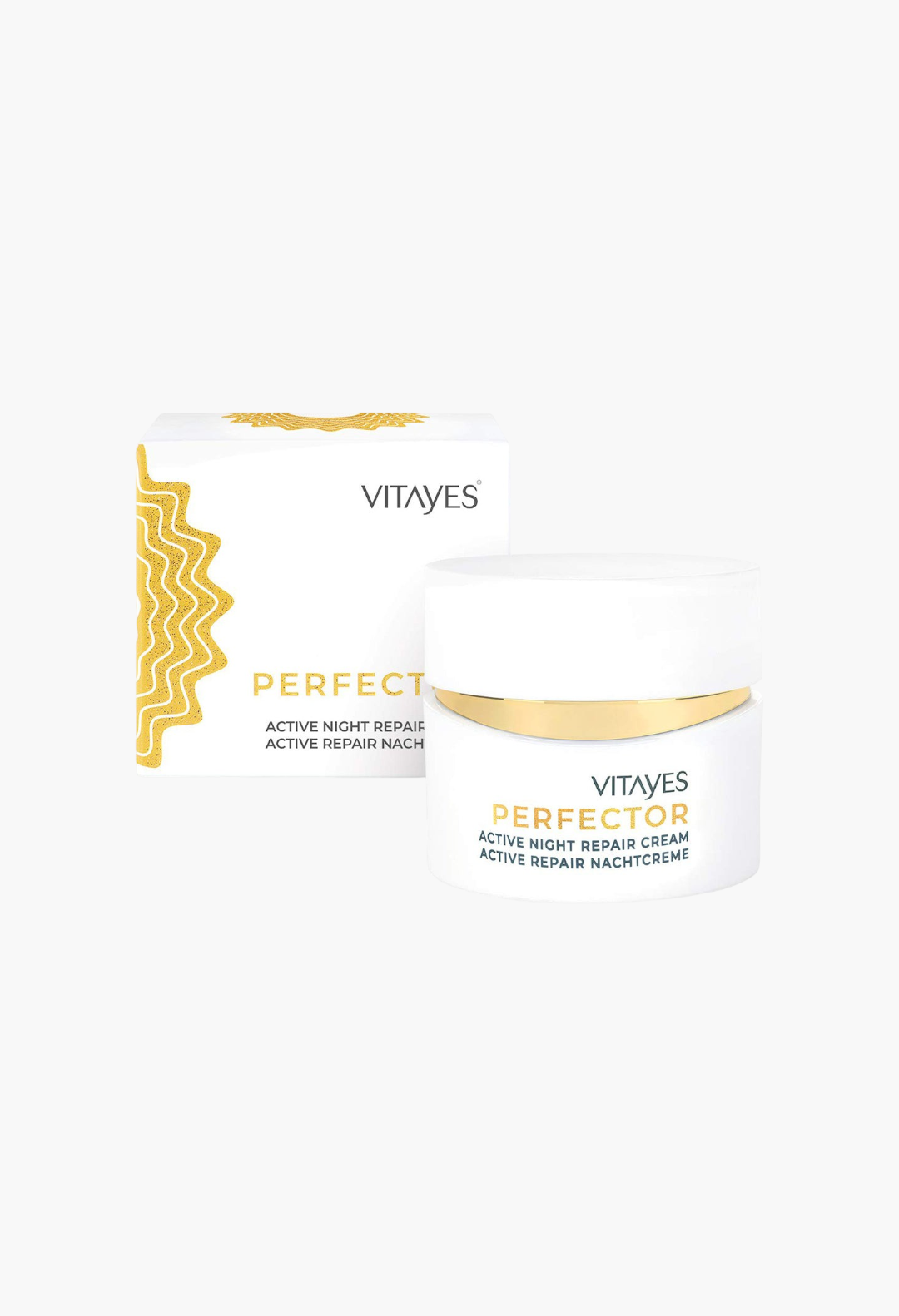 GLAM MODA Vitayes Perfector anti-aging night cream jar and box with white and gold packaging for skin rejuvenation.