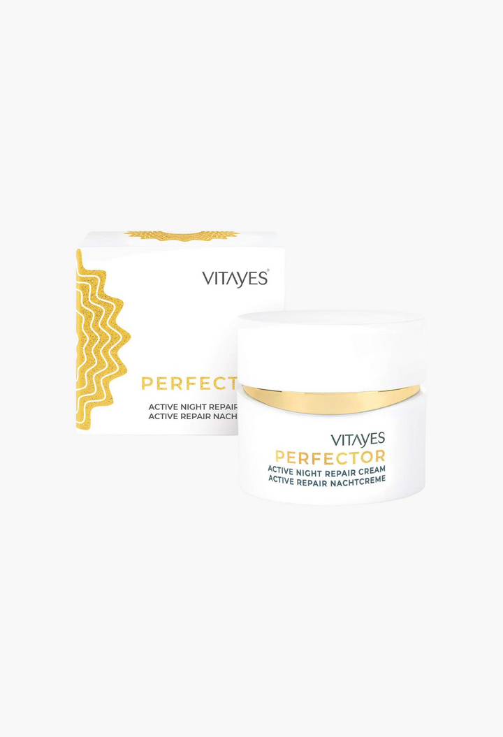 GLAM MODA Vitayes Perfector anti-aging night cream jar and box with white and gold packaging for skin rejuvenation.