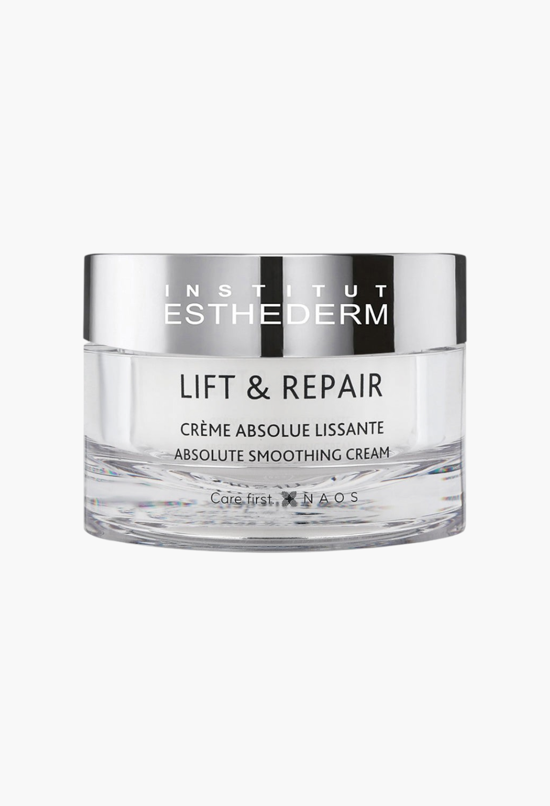 GLAM MODA Institut Esthederm Lift & Repair Absolute Smoothing Cream in a clear glass jar with a silver lid.