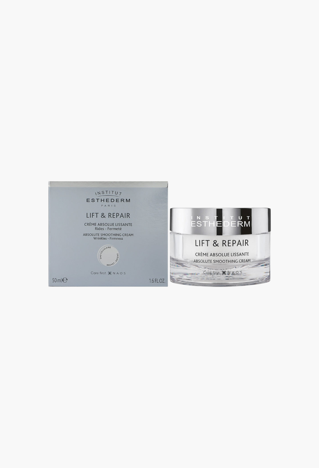 GLAM MODA Institut Esthederm Lift & Repair Absolute Smoothing Cream jar and box for firming and anti-wrinkle care.