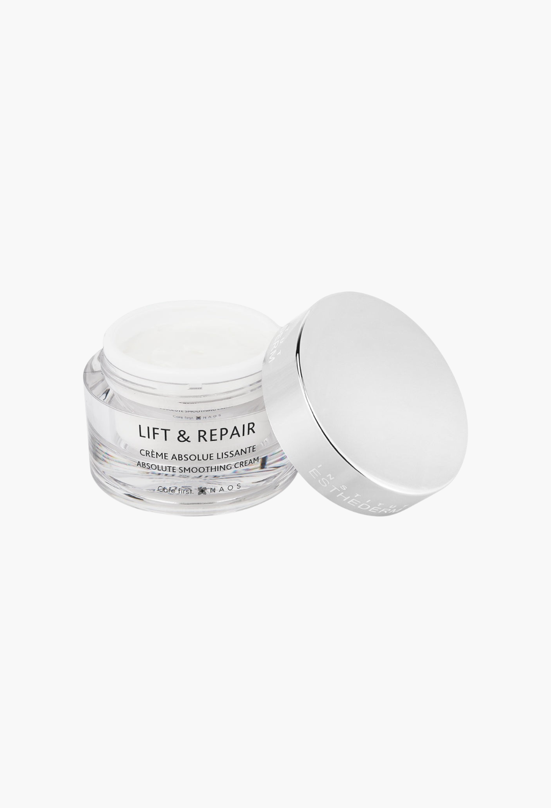 GLAM MODA Lift & Repair Absolute Smoothing Cream in a clear glass jar with a silver lid, showing rich white cream.