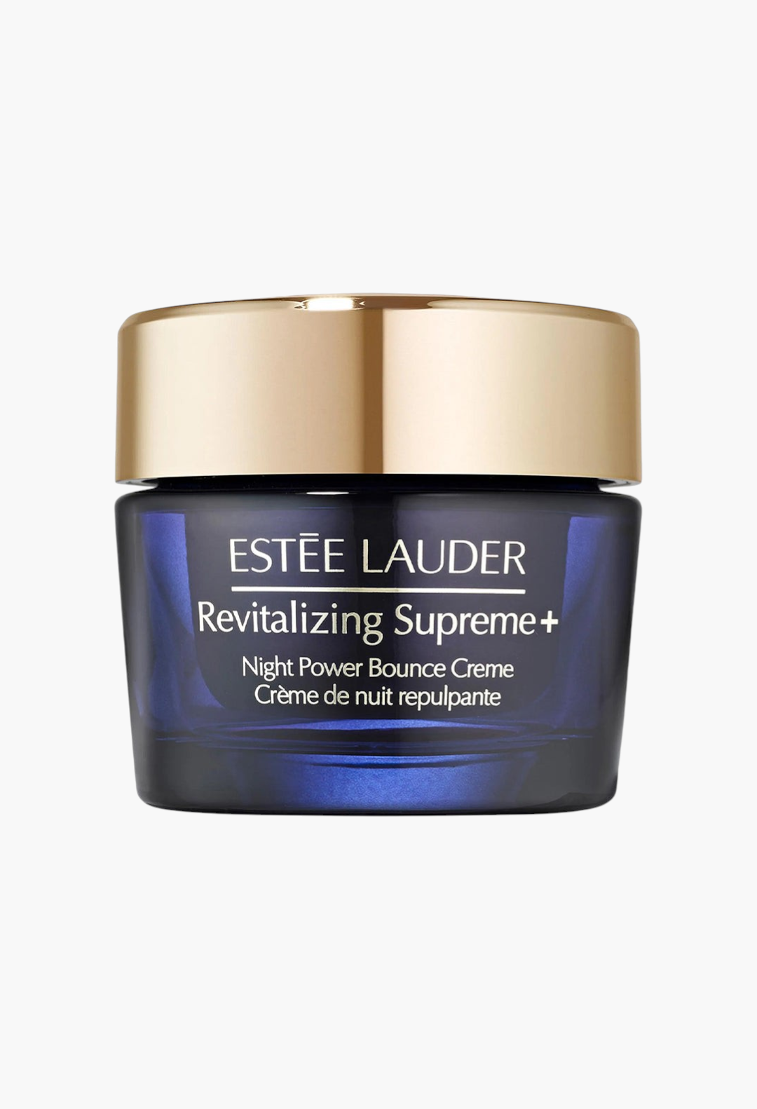 GLAM MODA Estée Lauder Revitalizing Supreme+ Night Power Bounce Creme in a dark blue glass jar with a gold lid.