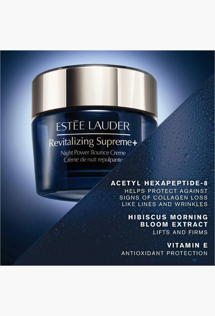 GLAM MODA Estée Lauder Revitalizing Supreme+ Night Power Bounce Creme in a dark blue jar with gold lid.