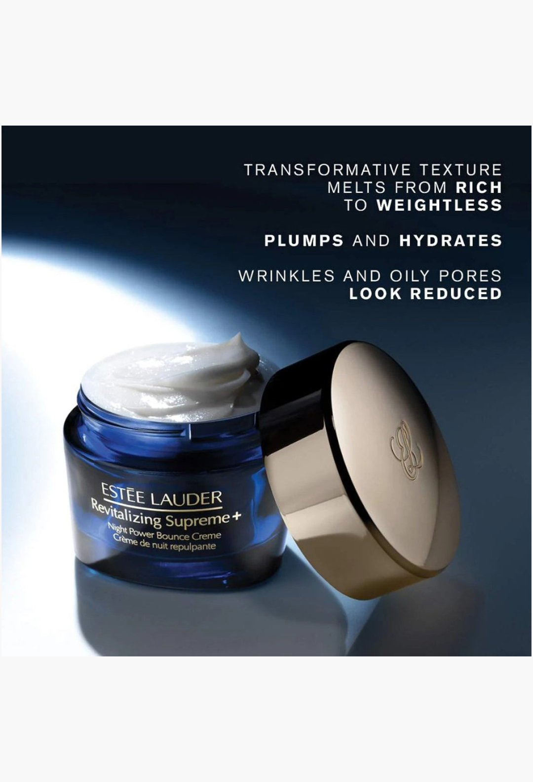 GLAM MODA Estée Lauder Revitalizing Supreme+ Night Power Bounce Creme in a blue jar with a gold lid