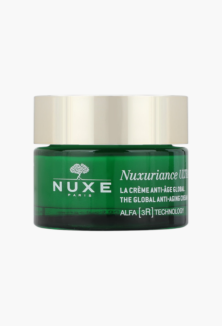 GLAM MODA Nuxuriance Ultra anti-aging cream in a green glass jar with a gold lid for revitalizing skin