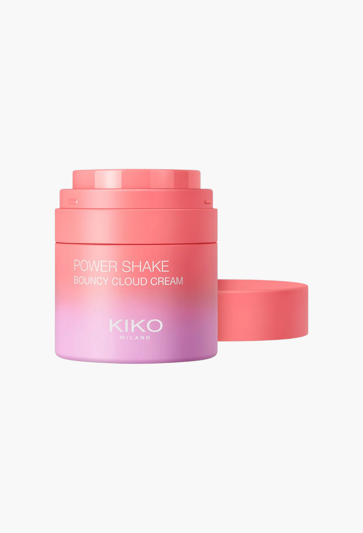 GLAM MODA Kiko Milano Power Shake Bouncy Cloud Cream in a pink and purple gradient jar with a matching lid