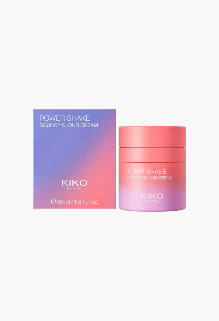 GLAM MODA Kiko Milano Power Shake Bouncy Cloud Cream jar and gradient purple and pink box packaging