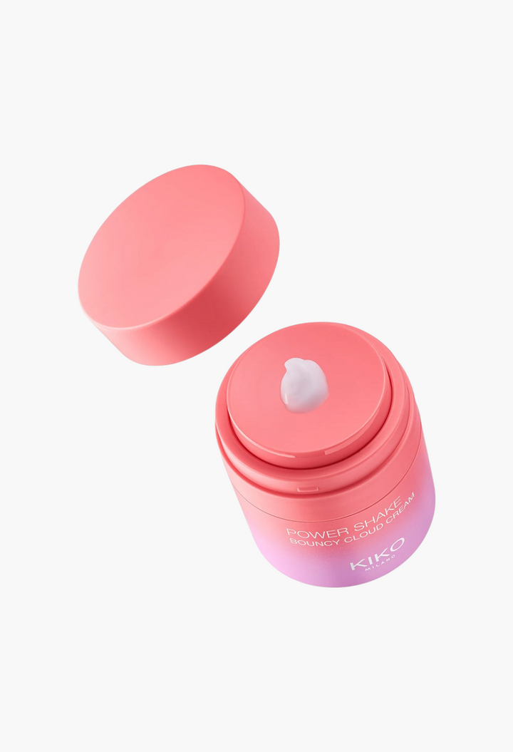 GLAM MODA Kiko Milano Power Shake Bouncy Cloud Cream in a pink ombre jar with a dollop of white gel moisturizer