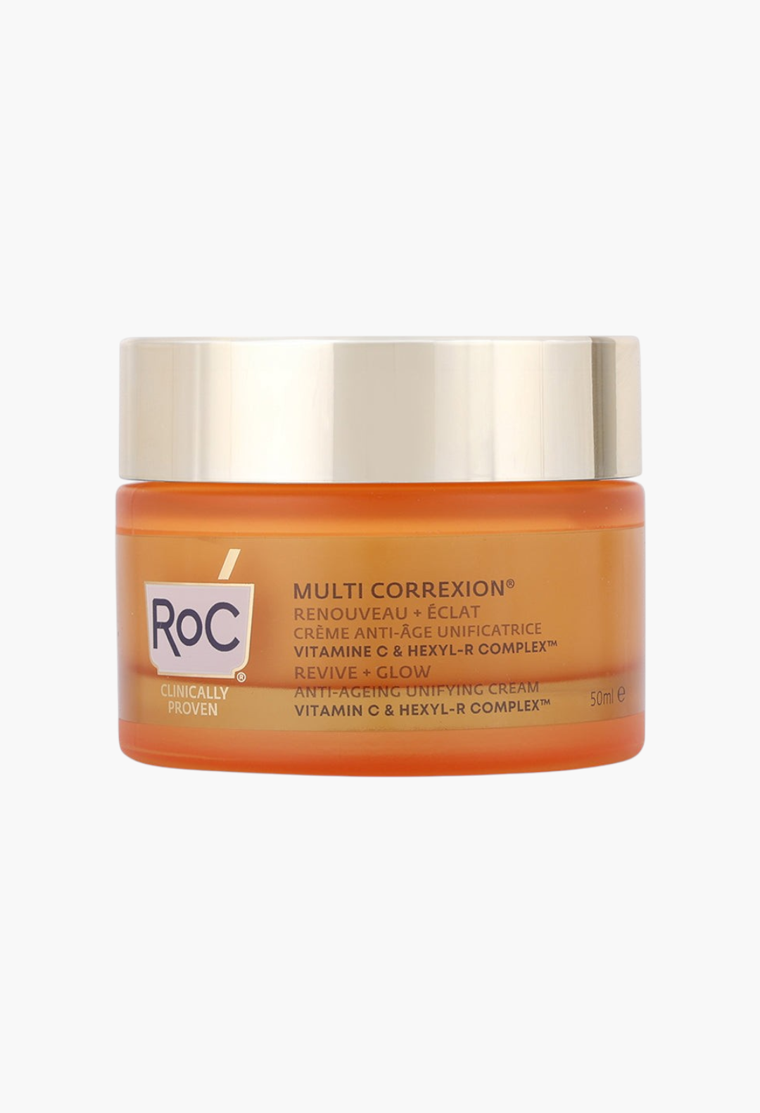 GLAM MODA RoC Multi Correxion Revive and Glow anti-aging face cream in an orange jar with a gold lid