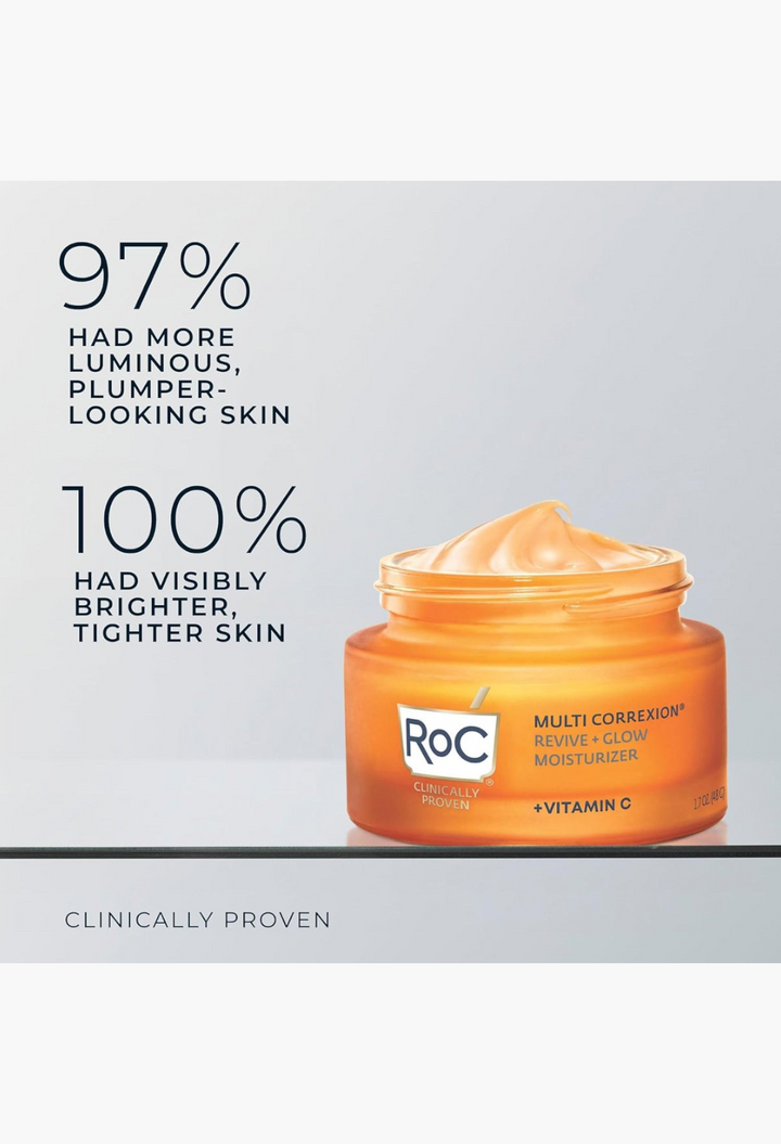 GLAM MODA RoC Multi Correxion Revive and Glow rich cream jar with orange packaging and visible cream texture