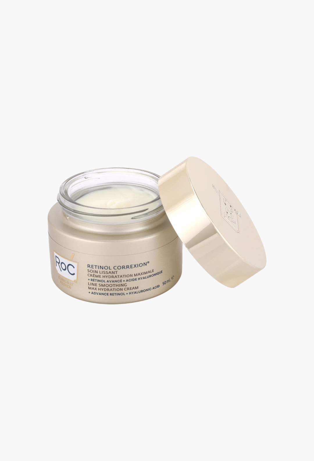 GLAM MODA RoC Retinol Correxion Line Smoothing Max Hydration Cream in a gold jar with a white moisturizing formula.