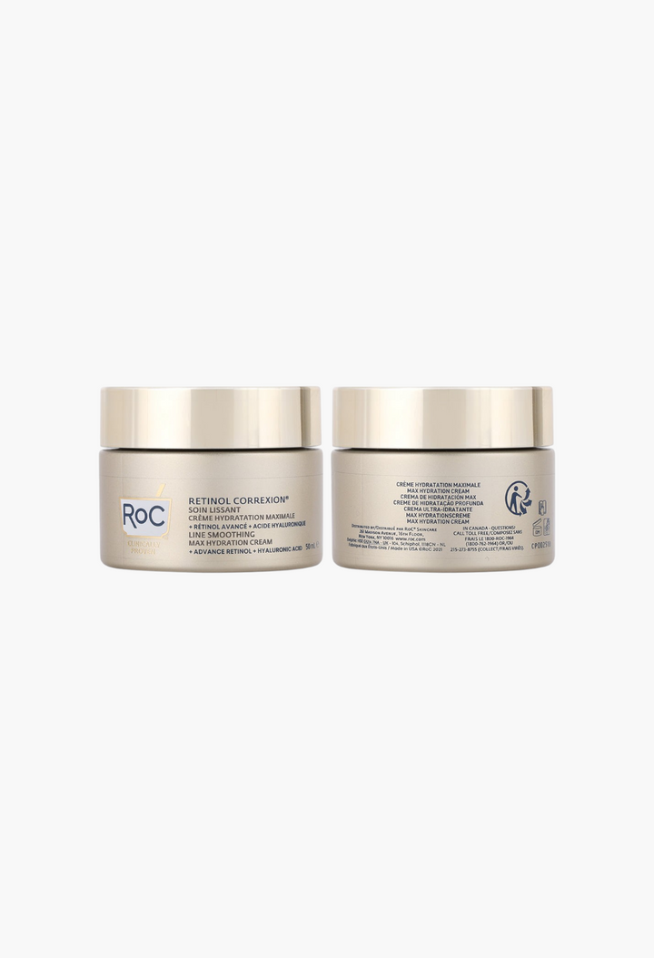 GLAM MODA RoC Retinol Correxion Line Smoothing Max Hydration Cream jars showing front and back labels