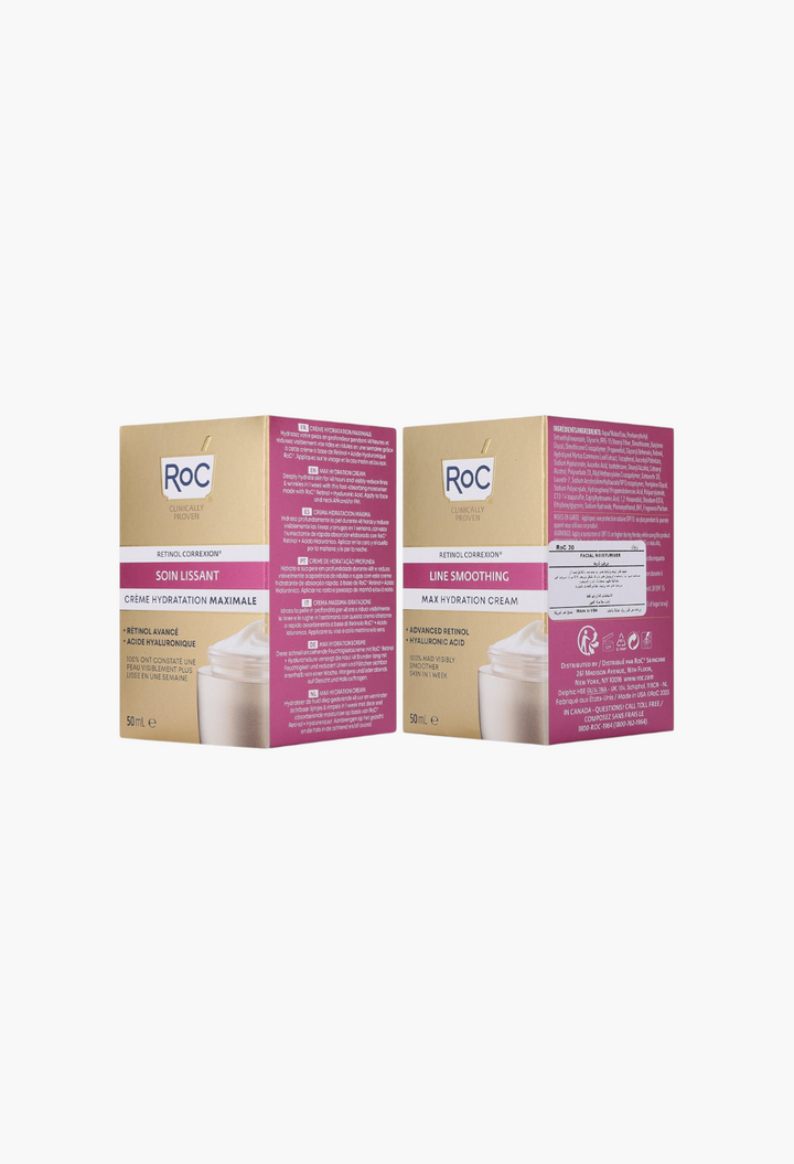 GLAM MODA RoC Retinol Correxion Line Smoothing Max Hydration Cream packaging showing product details and ingredients