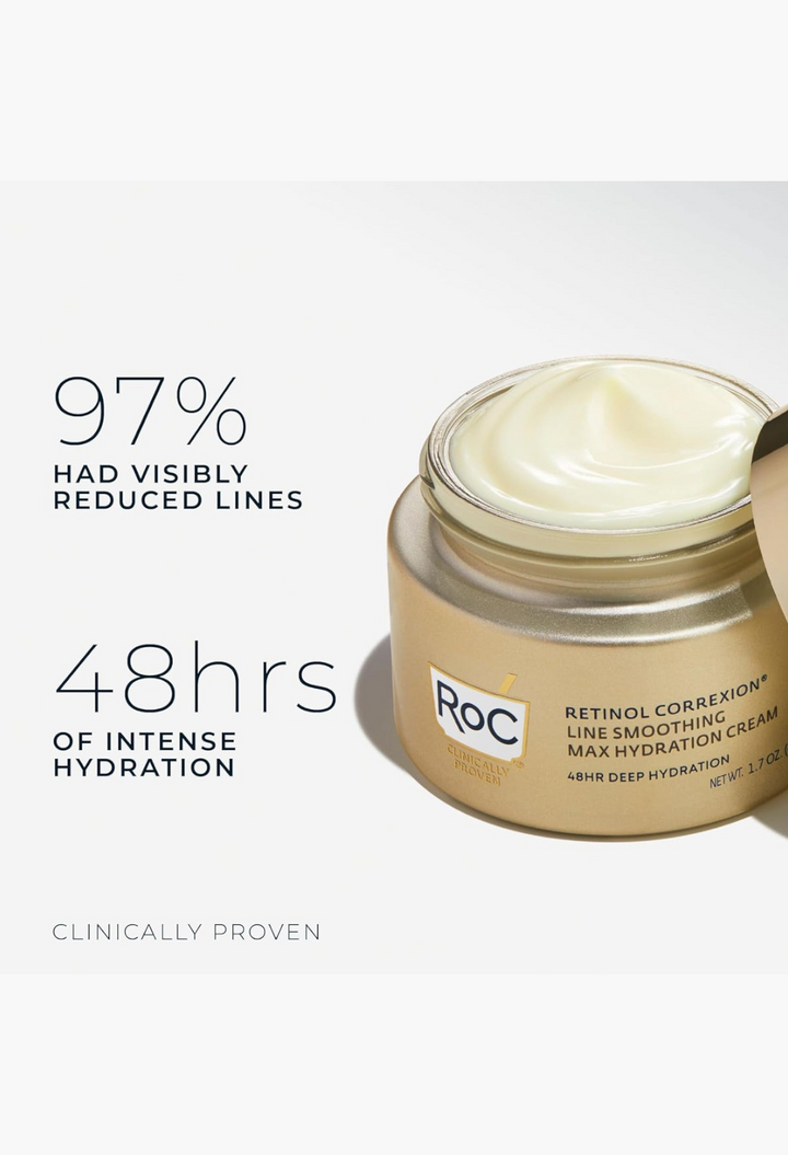GLAM MODA RoC Retinol Correxion Line Smoothing Max Hydration Cream in a gold jar with cream texture visible