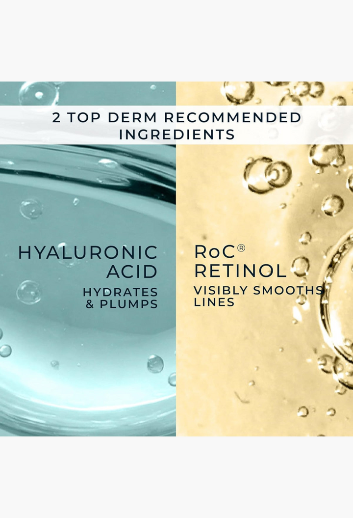 GLAM MODA Retinol Correxion cream graphic showing hyaluronic acid for hydration and RoC Retinol for smoothing lines