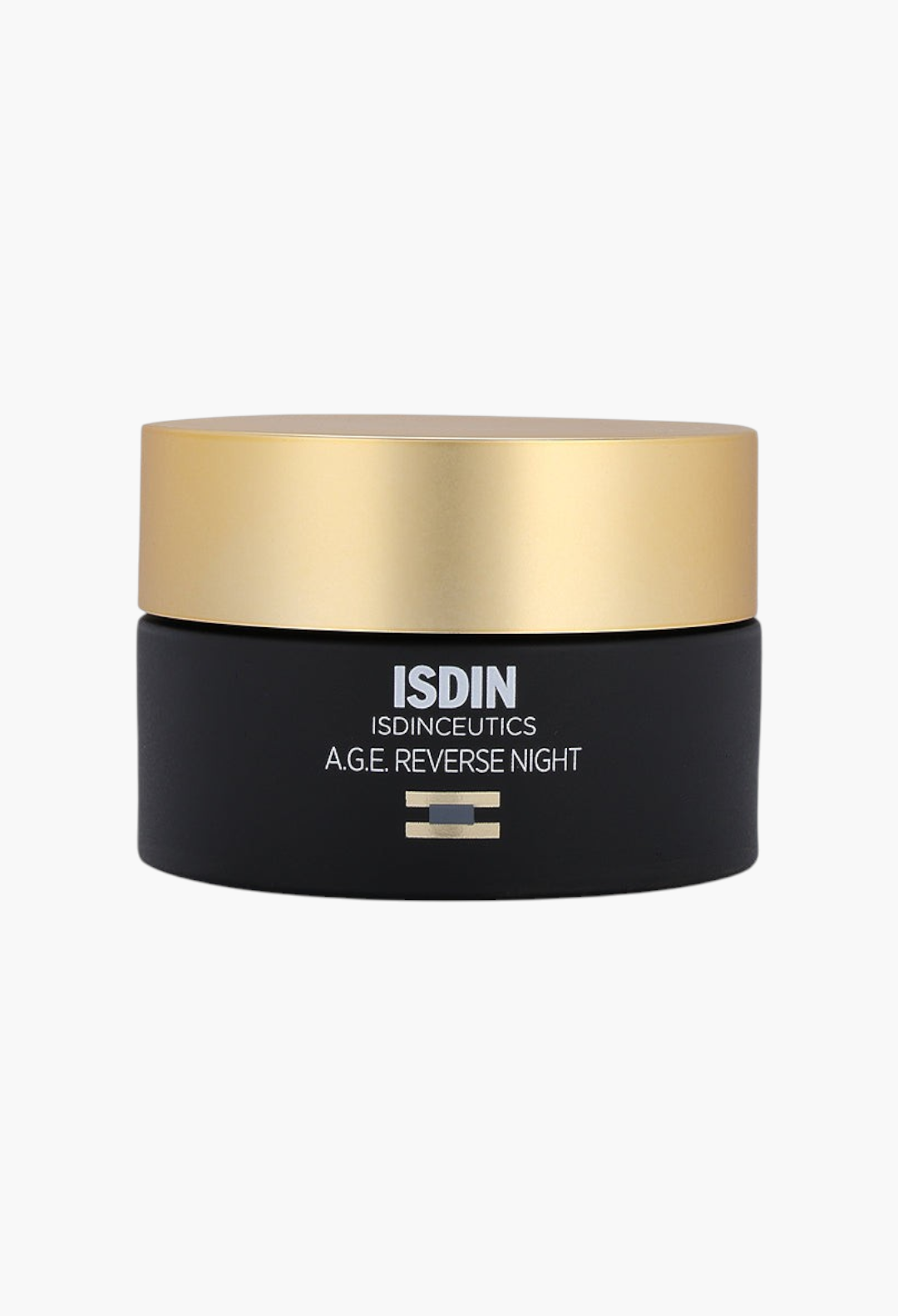 GLAM MODA Isdinceutics A.G.E. Reverse Night Cream in a matte black jar with a gold lid on a white background.