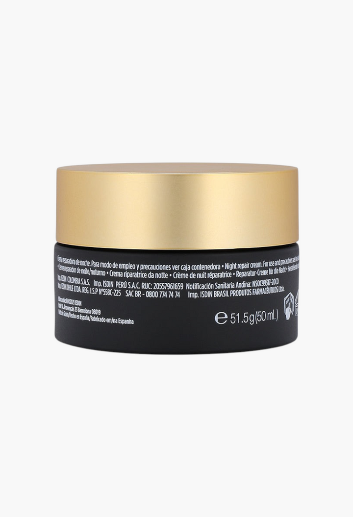 GLAM MODA Isdinceutics A.G.E. Reverse Night Cream in a black jar with a gold lid on a white background.