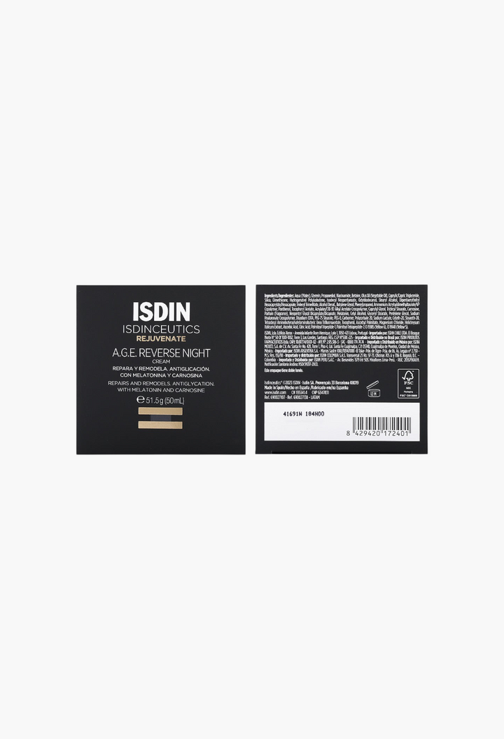 GLAM MODA Isdinceutics A.G.E. Reverse Night Cream packaging back view showing ingredients and product information