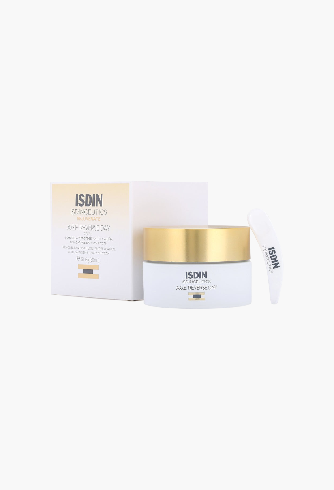 GLAM MODA Isdinceutics A.G.E. Reverse Day anti-aging cream jar with gold lid, white box, and applicator spatula.