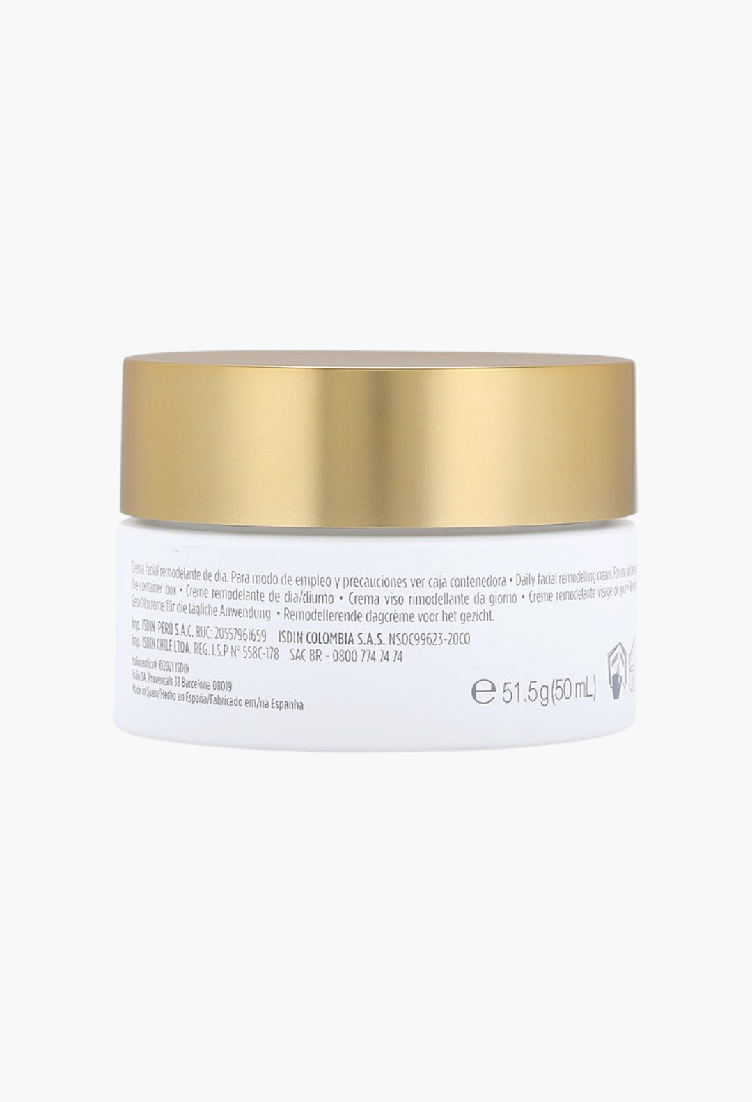 GLAM MODA Isdinceutics A.G.E. Reverse Day Cream in a white jar with a gold lid, back view showing product details.