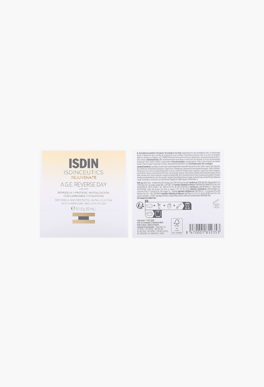 GLAM MODA Isdinceutics A.G.E. Reverse Day Cream packaging showing product details, ingredients, and usage instructions.