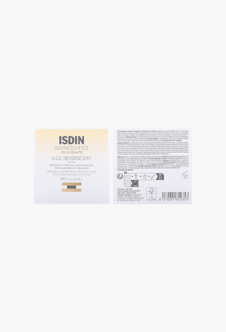 GLAM MODA Isdinceutics A.G.E. Reverse Day Cream packaging showing product details, ingredients, and usage instructions.