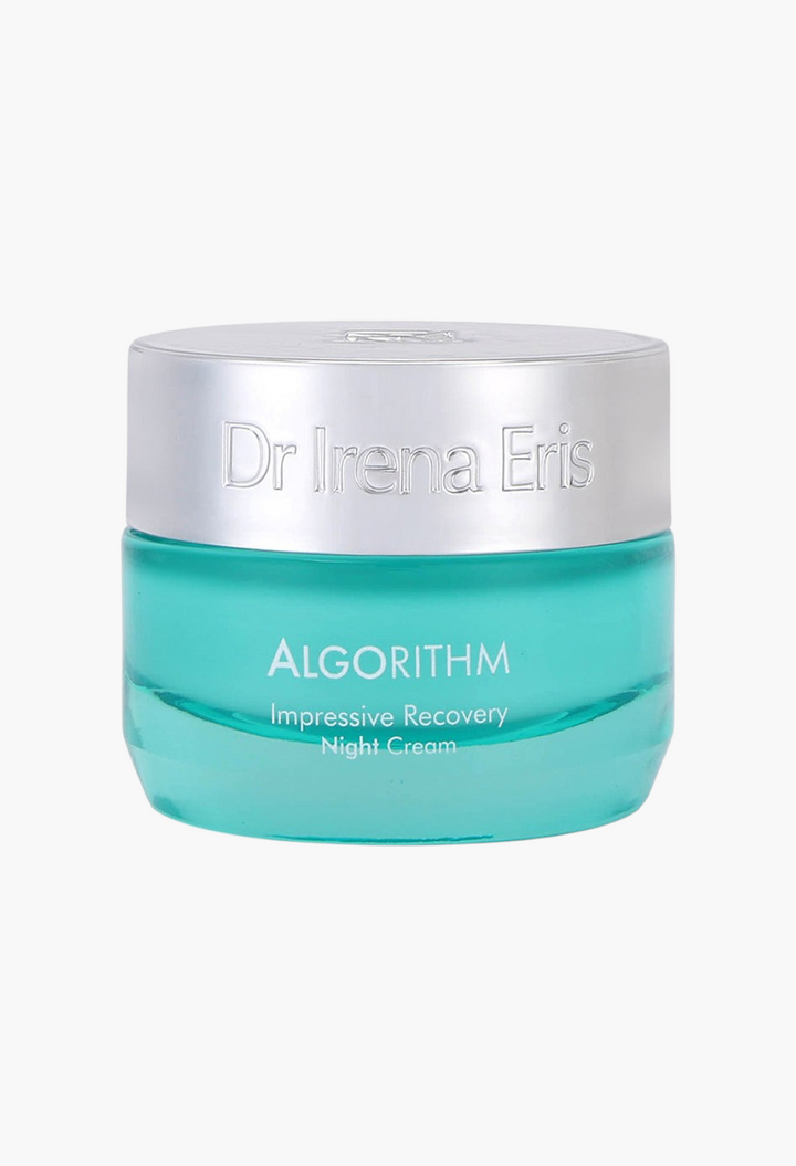 GLAM MODA Dr Irena Eris Algorithm anti-wrinkle night cream in a teal glass jar with a silver lid.