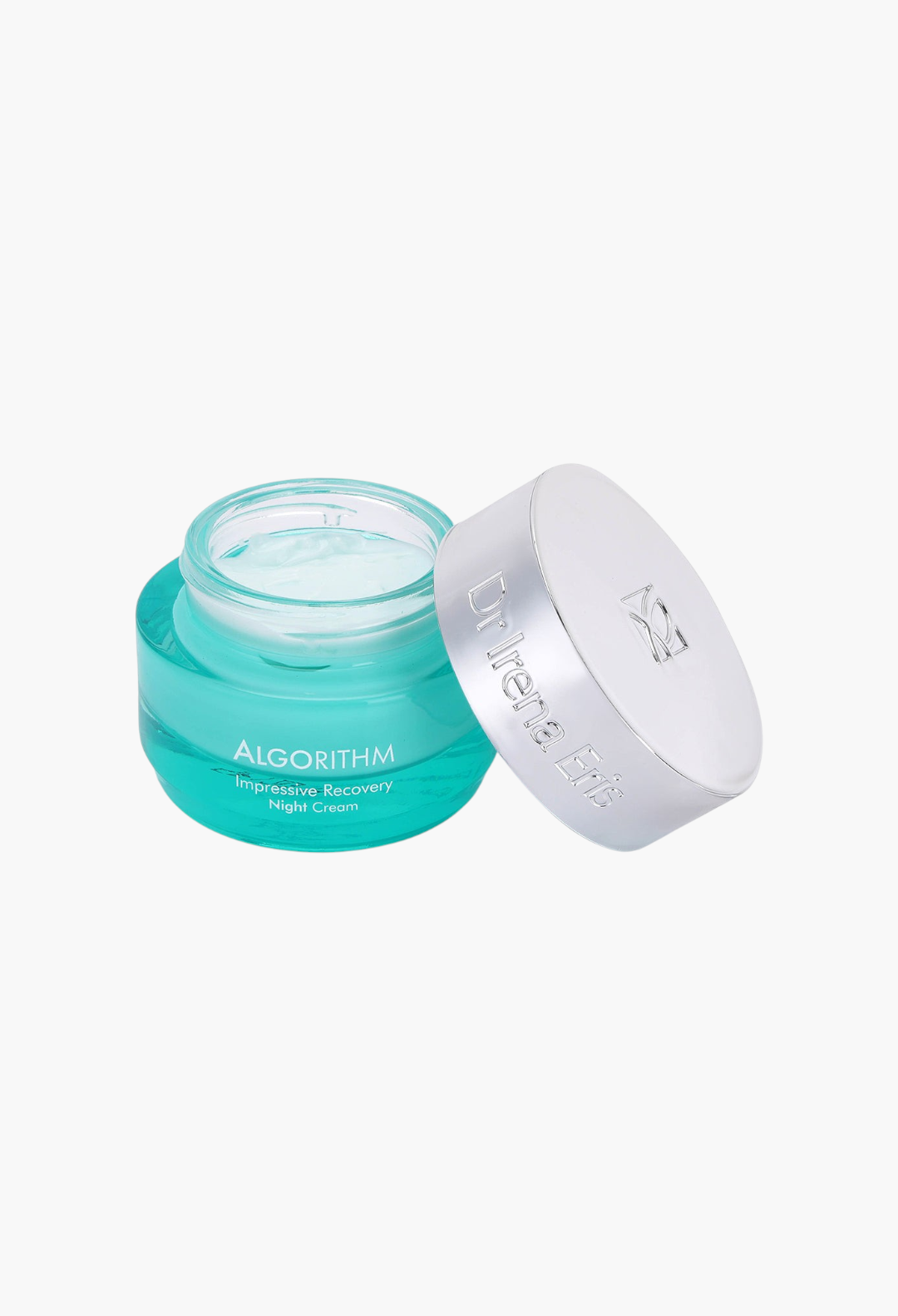 GLAM MODA Algorithm Regenerating Anti-Wrinkle Night Cream in a teal glass jar with a silver lid.