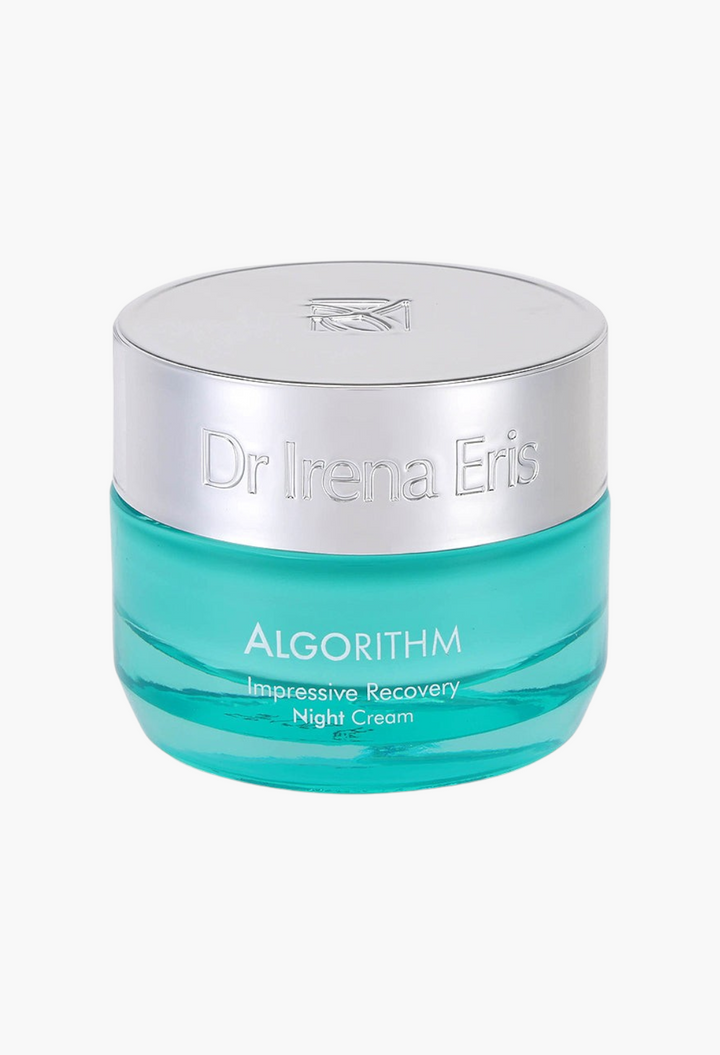 GLAM MODA Algorithm Regenerating Anti-Wrinkle Night Cream in a teal glass jar with a silver lid.