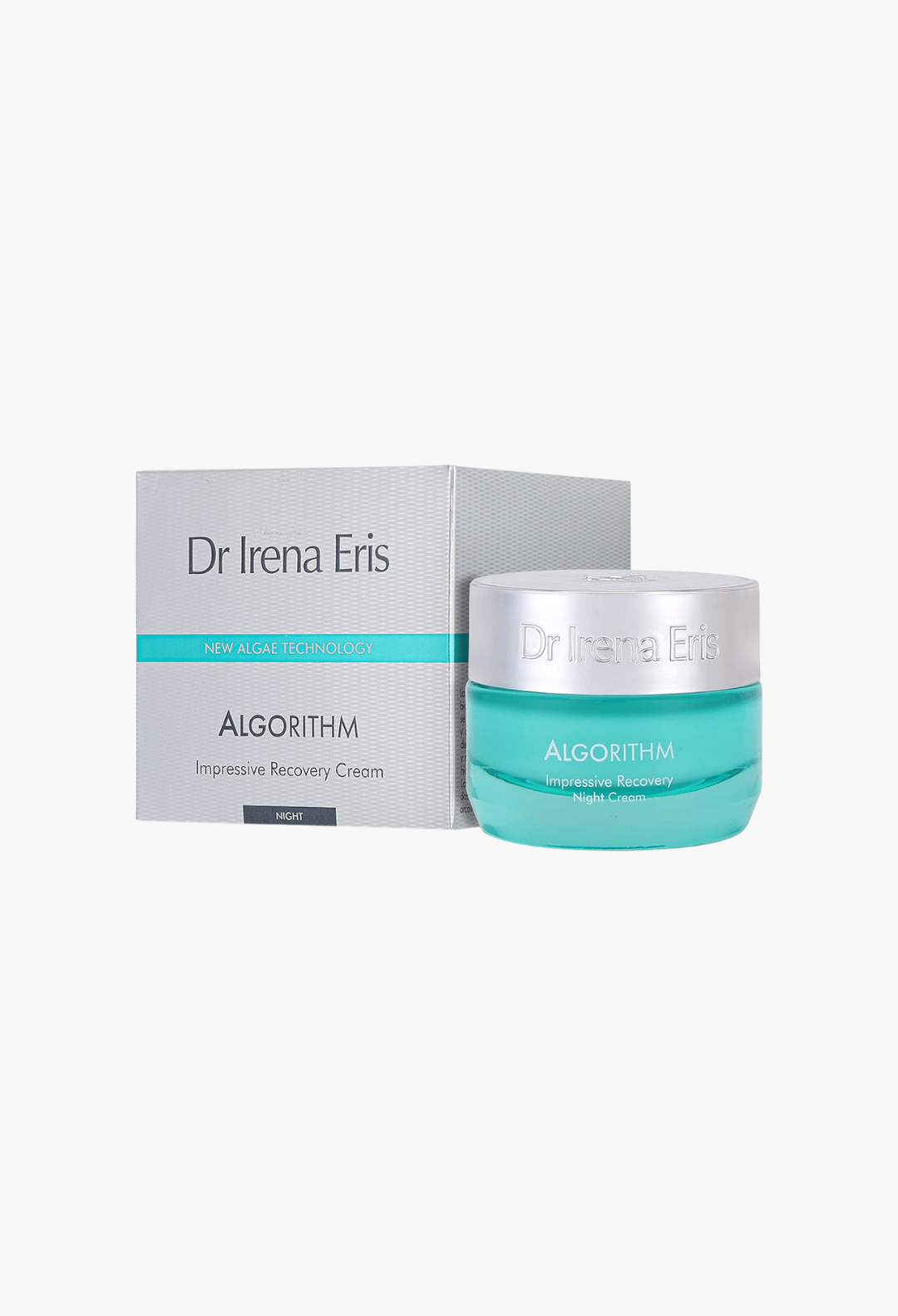 GLAM MODA Dr Irena Eris Algorithm anti-wrinkle night cream in a teal glass jar with a silver box.