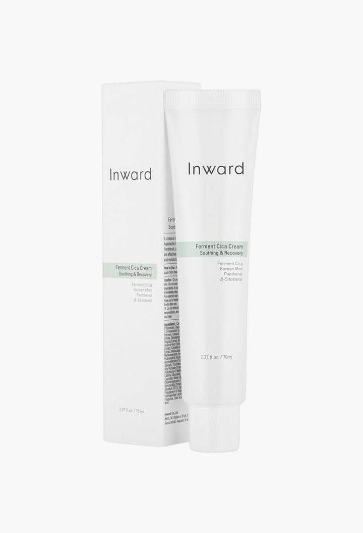 GLAM MODA Inward Ferment Cica Soothing & Recovery Cream tube and box packaging for skin repair and hydration