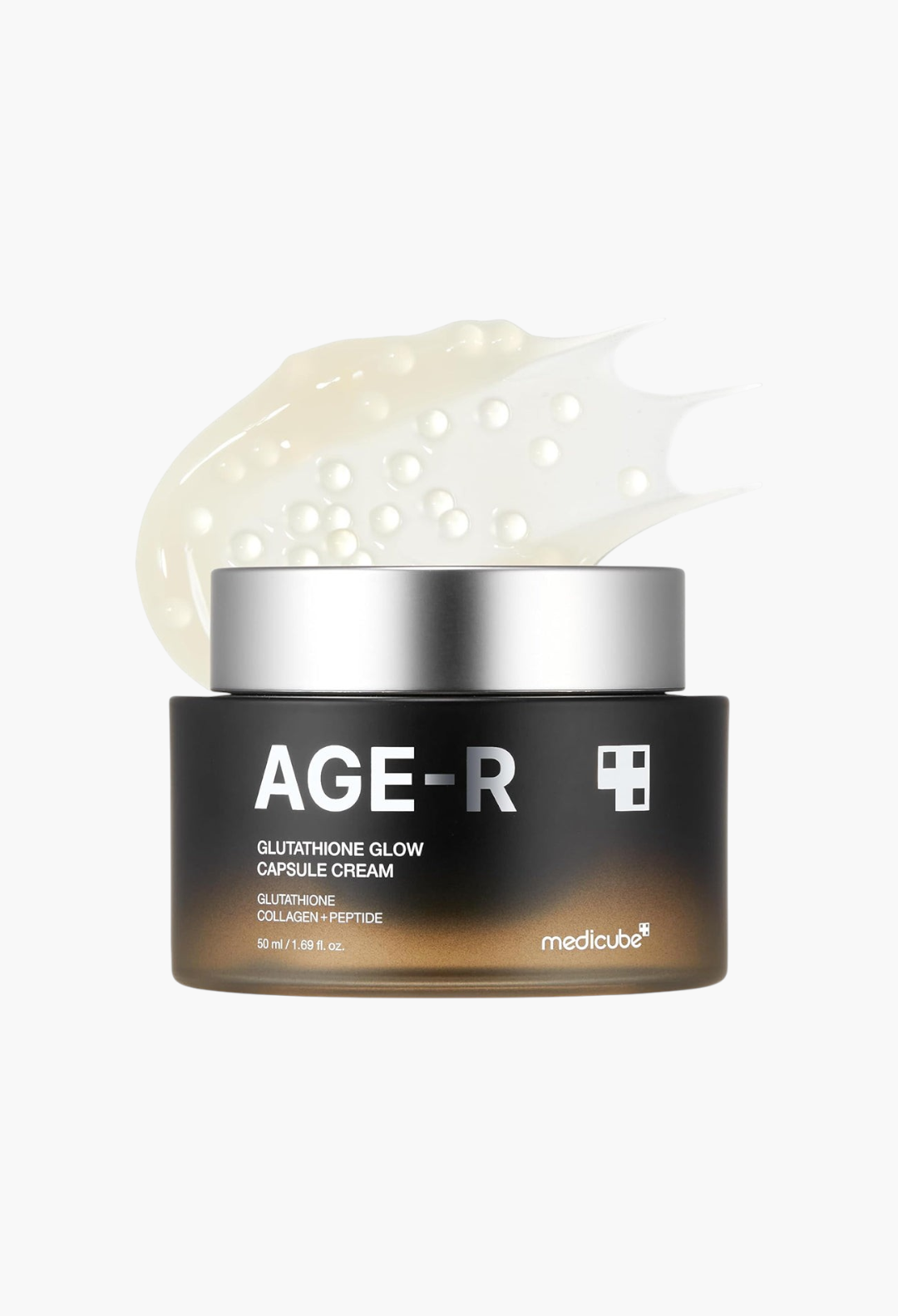 GLAM MODA AGE-R Glutathione Glow Capsule Cream jar with a textured, translucent brightening cream swatch above it.