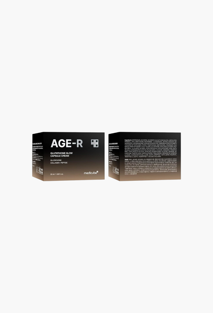 GLAM MODA Medicube AGE-R Glutathione Glow Capsule Cream packaging showing product details and ingredient list