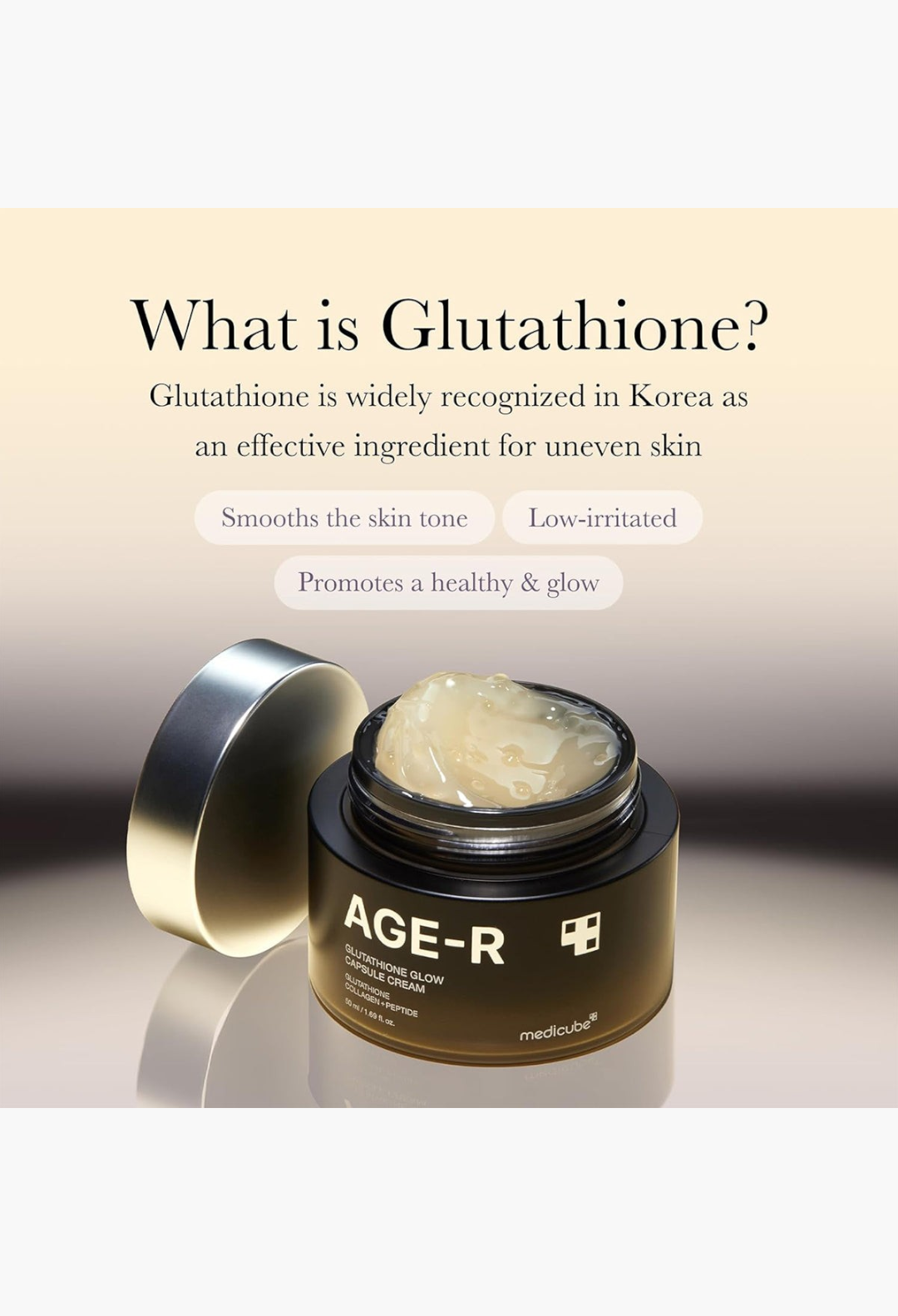 GLAM MODA AGE-R Glutathione Glow Capsule Cream in a black jar with a visible textured brightening gel formula