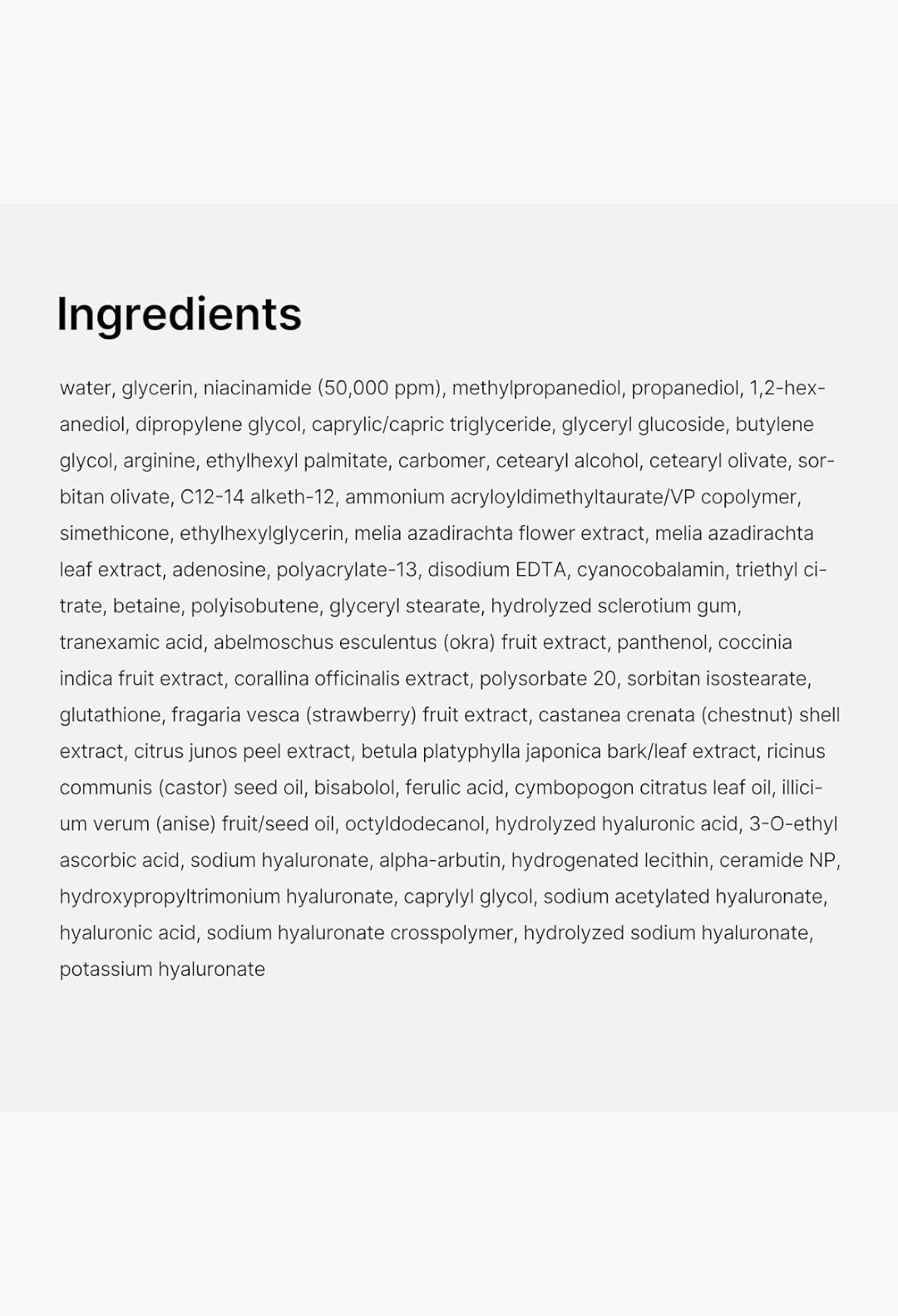 GLAM MODA TXA Niacinamide Capsule Cream ingredient list printed on a clean white background