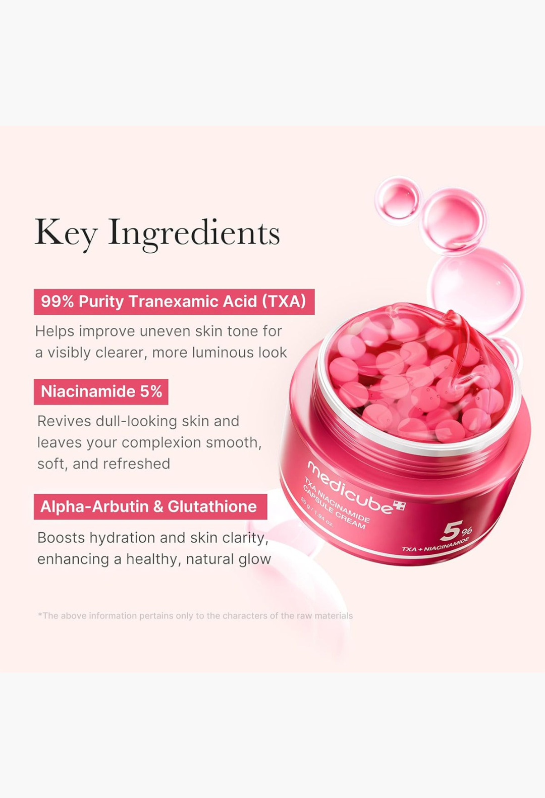 GLAM MODA TXA Niacinamide Capsule Cream in a red jar with visible red capsules and gel for brightening skin tone