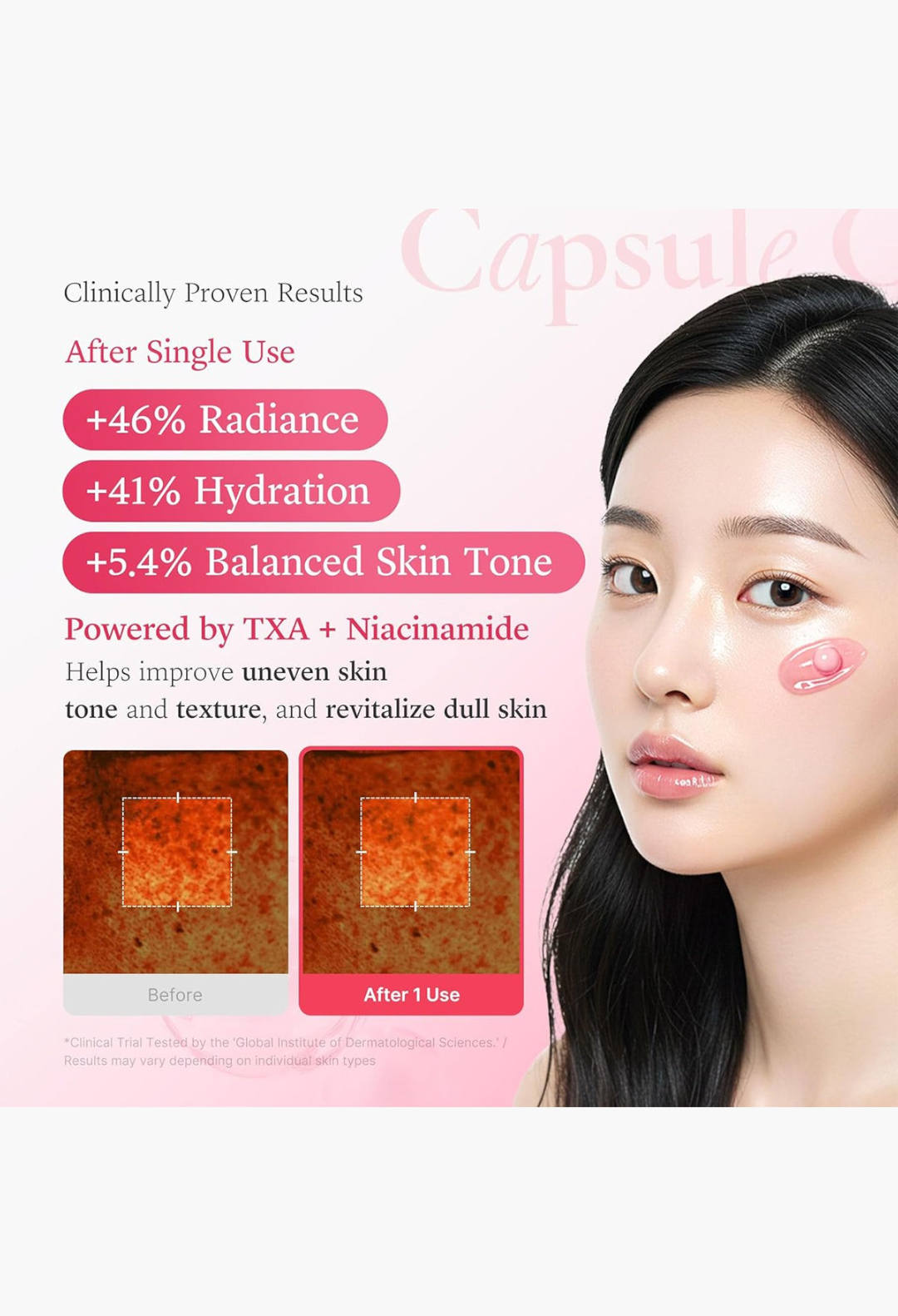 GLAM MODA TXA Niacinamide Capsule Cream showing clinical results and a model with pink cream applied to her cheek
